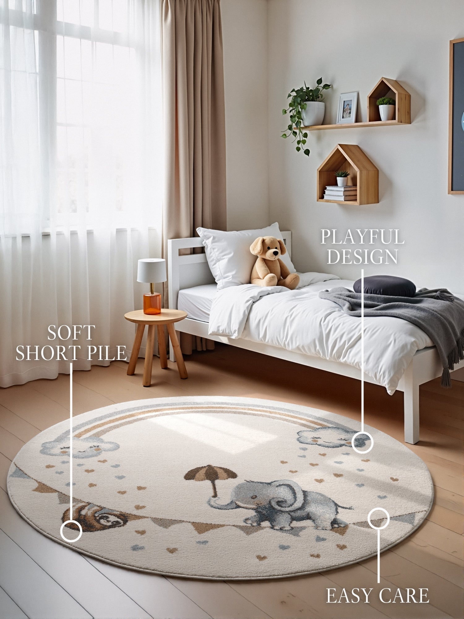 VILLEROY & BOCH BOHO KIDS BØRNETÆPPE RUNDT - ELEFANT REGNBUE, CREME MULTI 106304