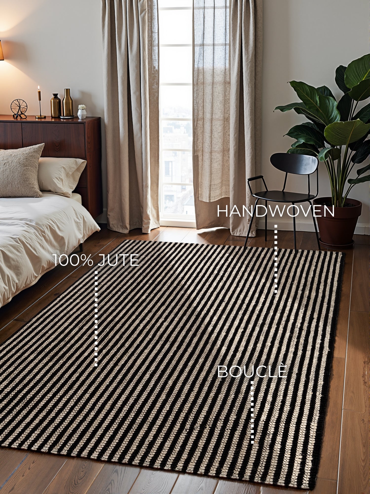 ELLE DECORATION HARVEST JUTE TÆPPE EBONY, NATUR-ELFENBEN-SORT