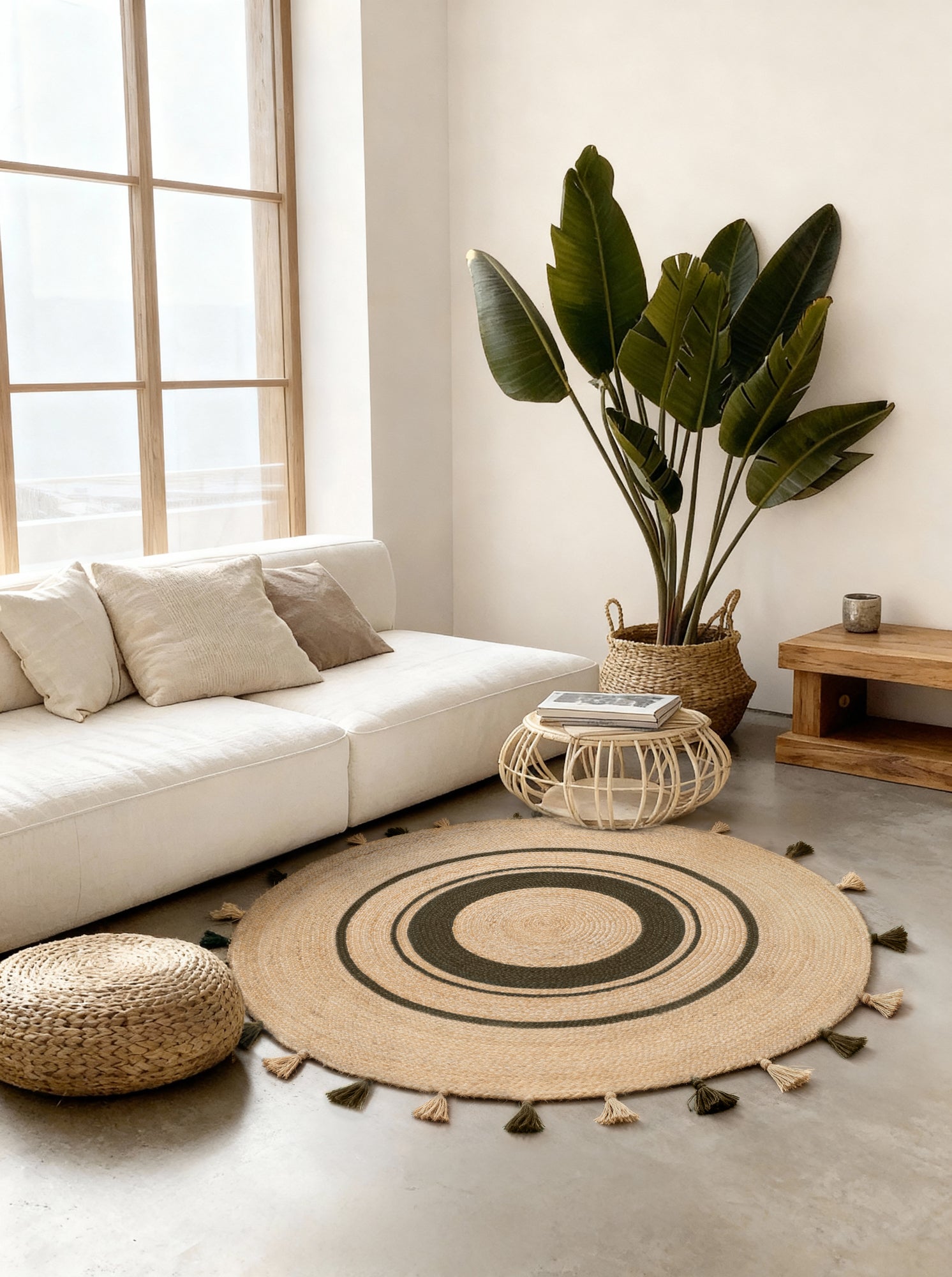 JUTE FLETTET TÆPPE BASIL RUNDT, NATUR-GYLDEN-GRØN