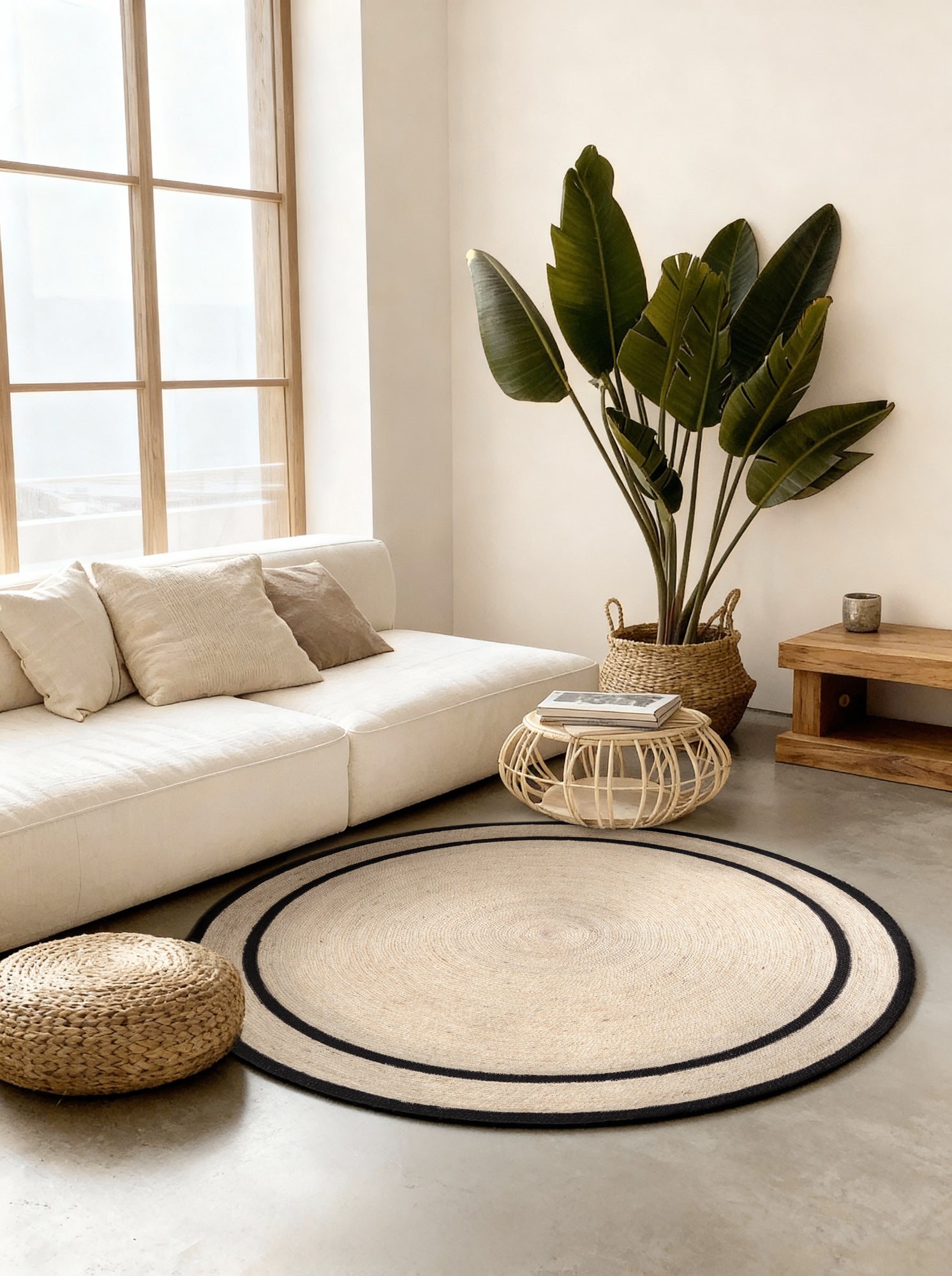JUTE FLETTET TÆPPE LINA RUNDT, NATUR-ELFENBEN-SORT