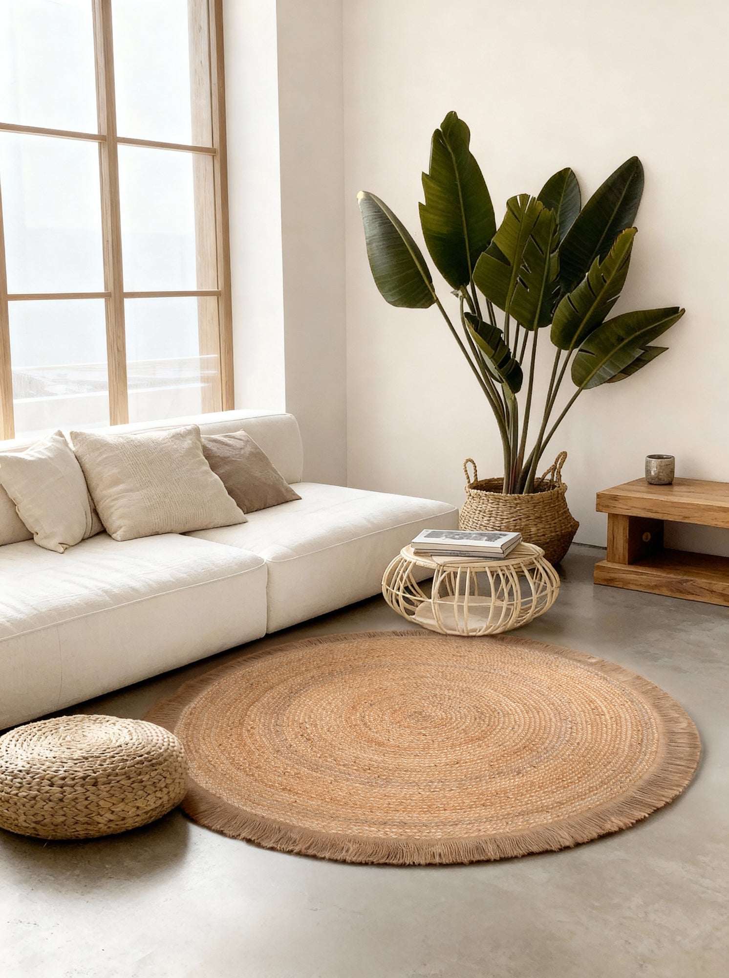 JUTE FLETTET TÆPPE NURU RUNDT, NATURLIG-GYLDEN