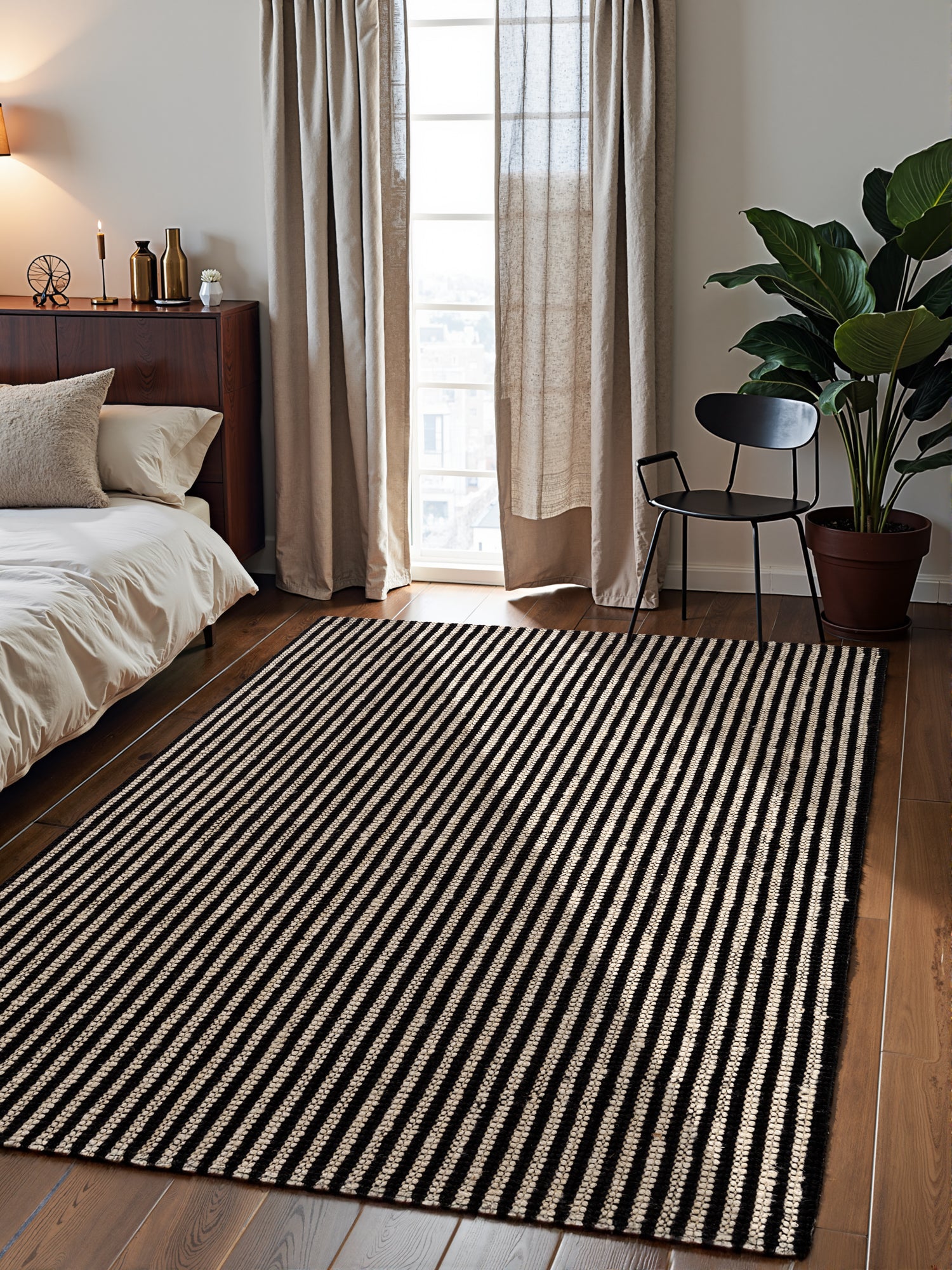 ELLE DECORATION HARVEST JUTE TÆPPE EBONY, NATUR-ELFENBEN-SORT