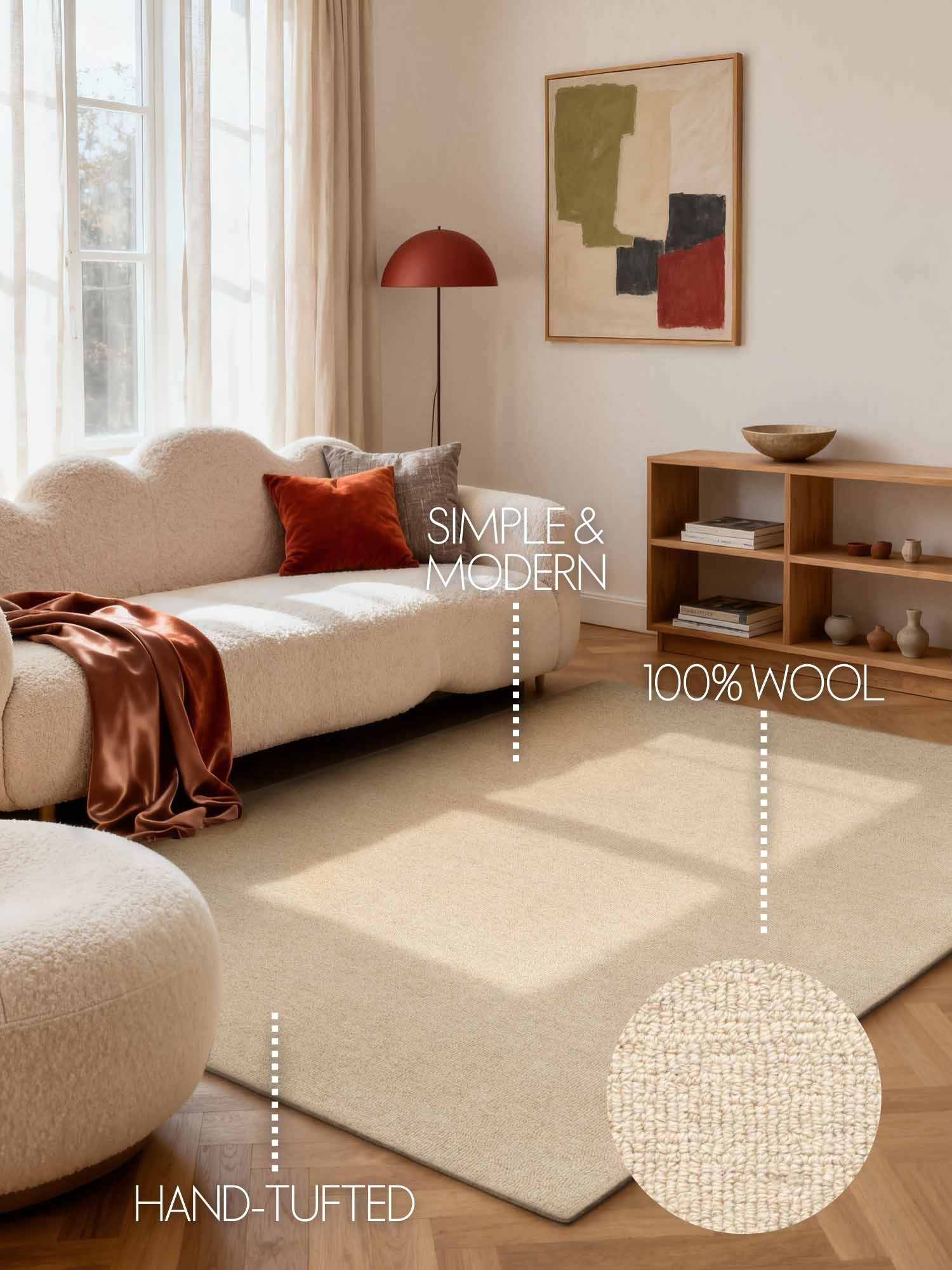 ELLE DECORATION PURISTIC FINE BOUCLE ULDTÆPPE, KNOTS NATURLIG LYS BEIGE